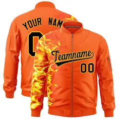 Orange 3D Flame Full-Zip Varsity Letterman Bomber Jacket