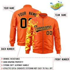 Orange 3D Flame Full-Zip Varsity Letterman Bomber Jacket 2