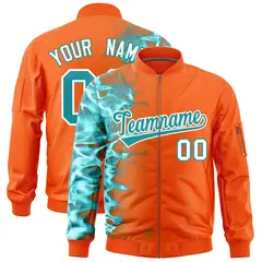 Orange 3D Flame Full-Zip Varsity Letterman Bomber Jacket 1