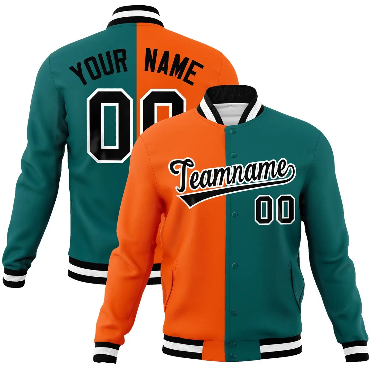 Orange Aqua-Black Two Tone Split Varsity Letterman Jacket