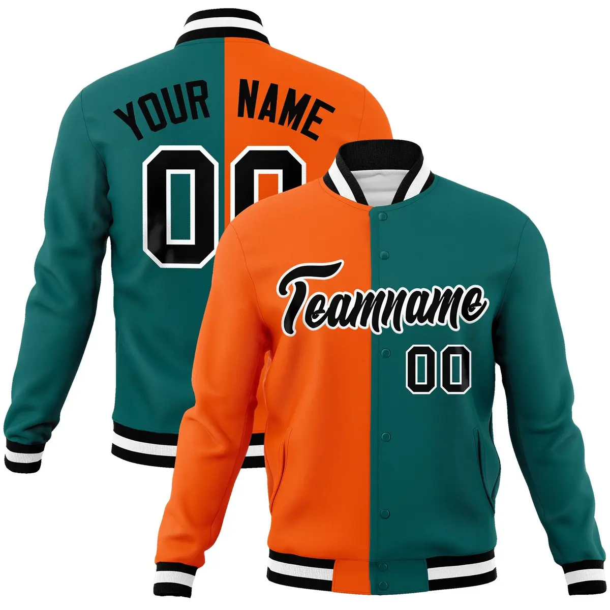 Orange Aqua-Black Two Tone Split Varsity Letterman Jacket