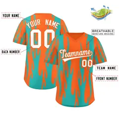 Orange Aqua Flame Pattern Authentic Pullover Baseball Jersey 2