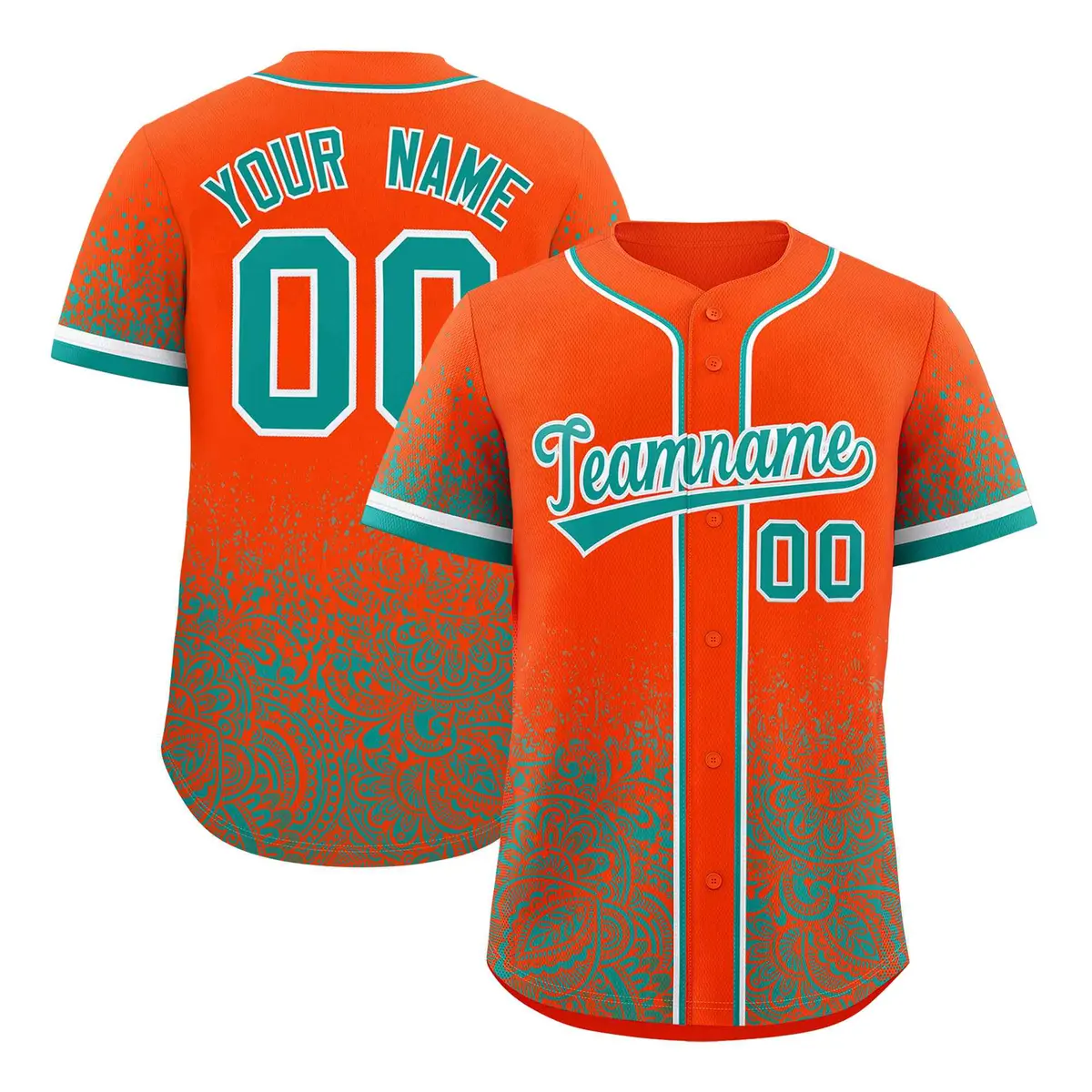 Orange Aqua Floral Gradient Full Button Baseball Jersey