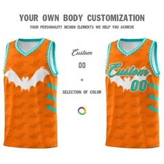 Orange Aqua Halloween Bat Pattern Basketball Jersey 3