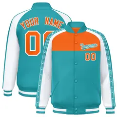 Orange Aqua K-Ribbon Raglan Color Block Full-Snap Letterman Jacket 1