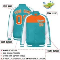 Orange Aqua K-Ribbon Raglan Color Block Full-Snap Letterman Jacket 2