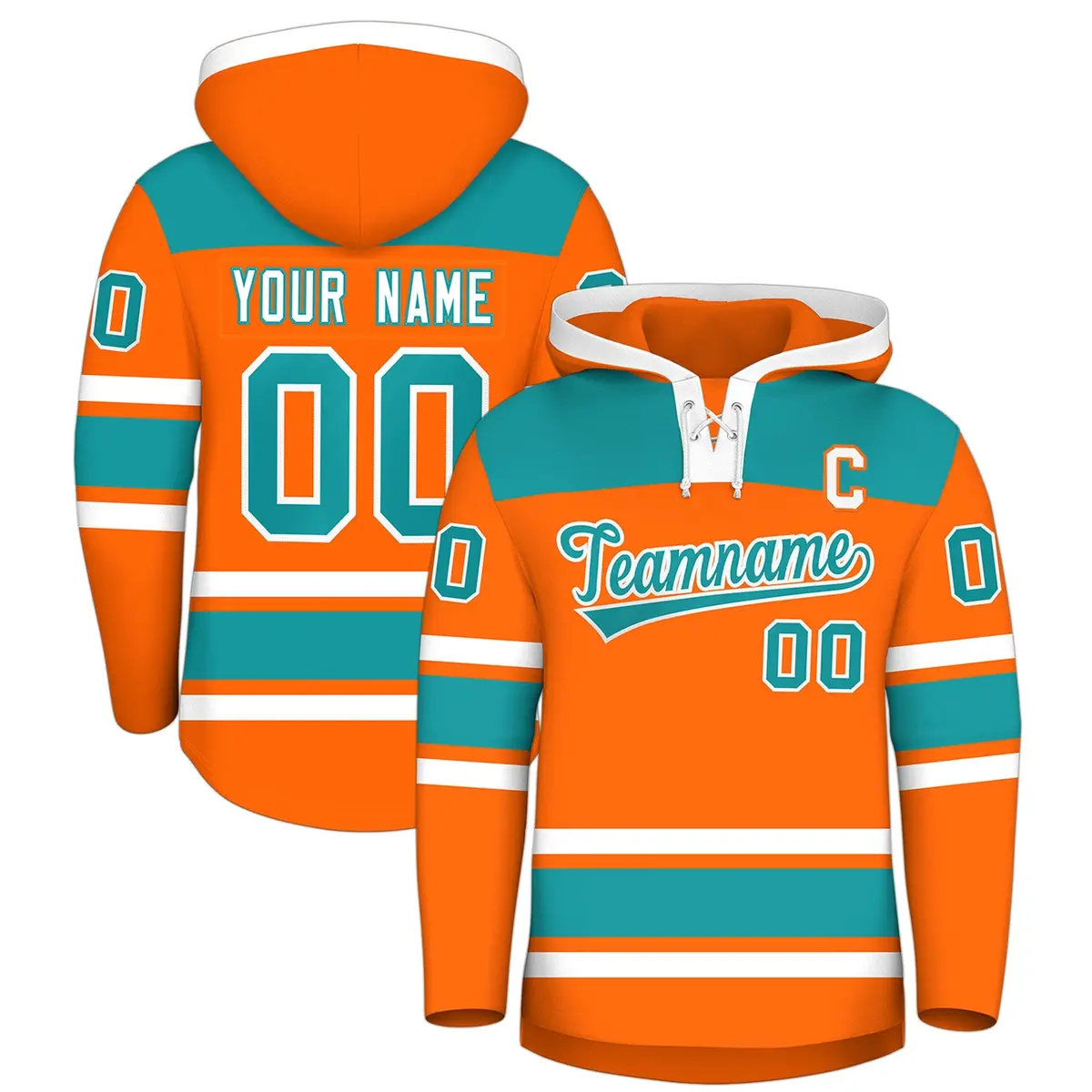 Orange Aqua Raglan Lace-Up Neck Hockey Hoodie Jersey