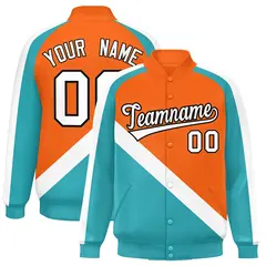 Orange Aqua Raglan Sleeves Full-Snap Letterman Baseball Jacket