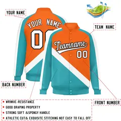 Orange Aqua Raglan Sleeves Full-Snap Letterman Baseball Jacket 2