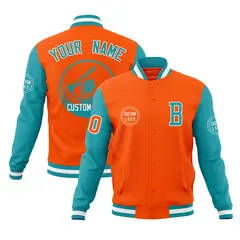 Orange Aqua Raglan Sleeves Full-Snap Varsity Letterman Jacket
