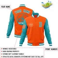 Orange Aqua Raglan Sleeves Full-Snap Varsity Letterman Jacket 4