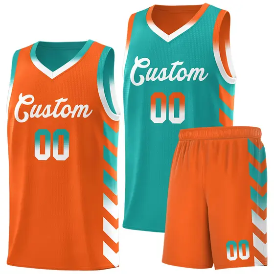 Orange Aqua Reversible Basketball Kits - Side Arrow Aqua White Gradient
