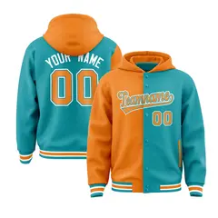 Orange Aqua Two Tone Split Varsity Full-Snap Letterman Jacket Hoodie