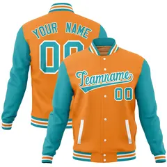 Orange Aqua Varsity Letterman Baseball Jacket Full-Snap Raglan Sleeves