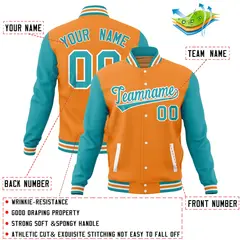 Orange Aqua Varsity Letterman Baseball Jacket Full-Snap Raglan Sleeves 4