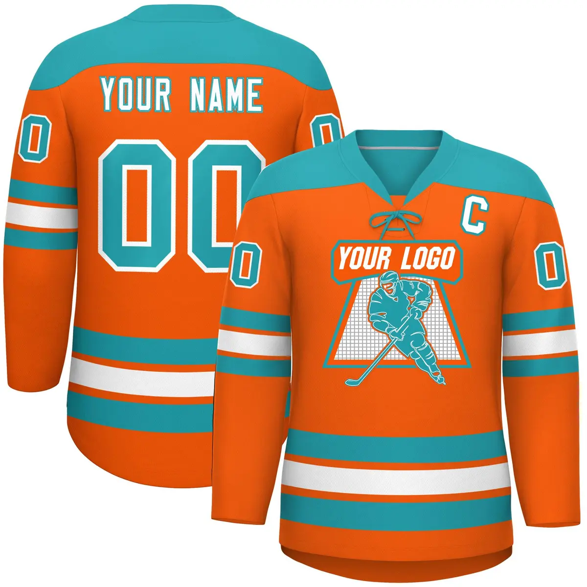 Orange Aqua White Classic Lace-Up Neck Hockey Jersey