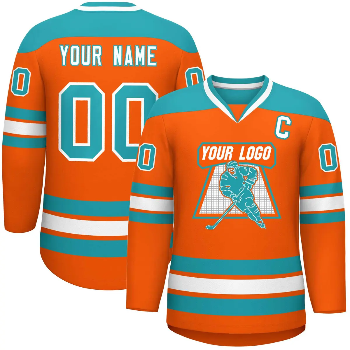Orange Aqua-White Classic V-Neck Hockey Jersey