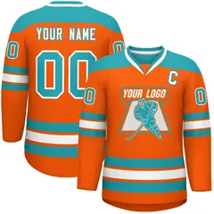 Orange Aqua-White Classic V-Neck Hockey Jersey