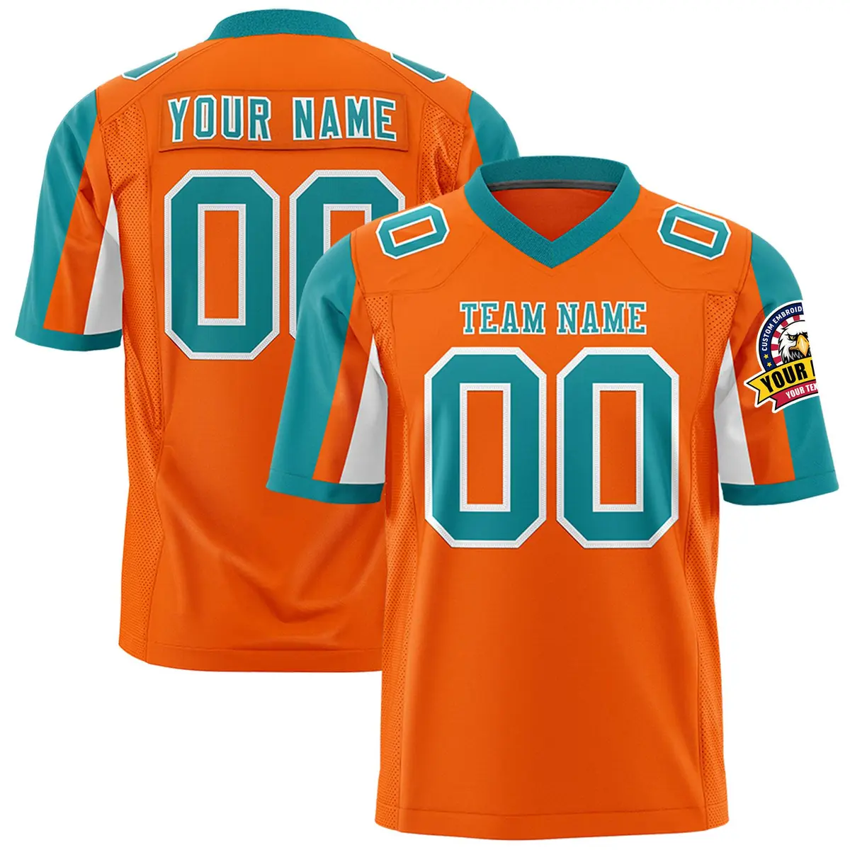 Orange Aqua-White Color Block Raglan Sleeves Football Jersey
