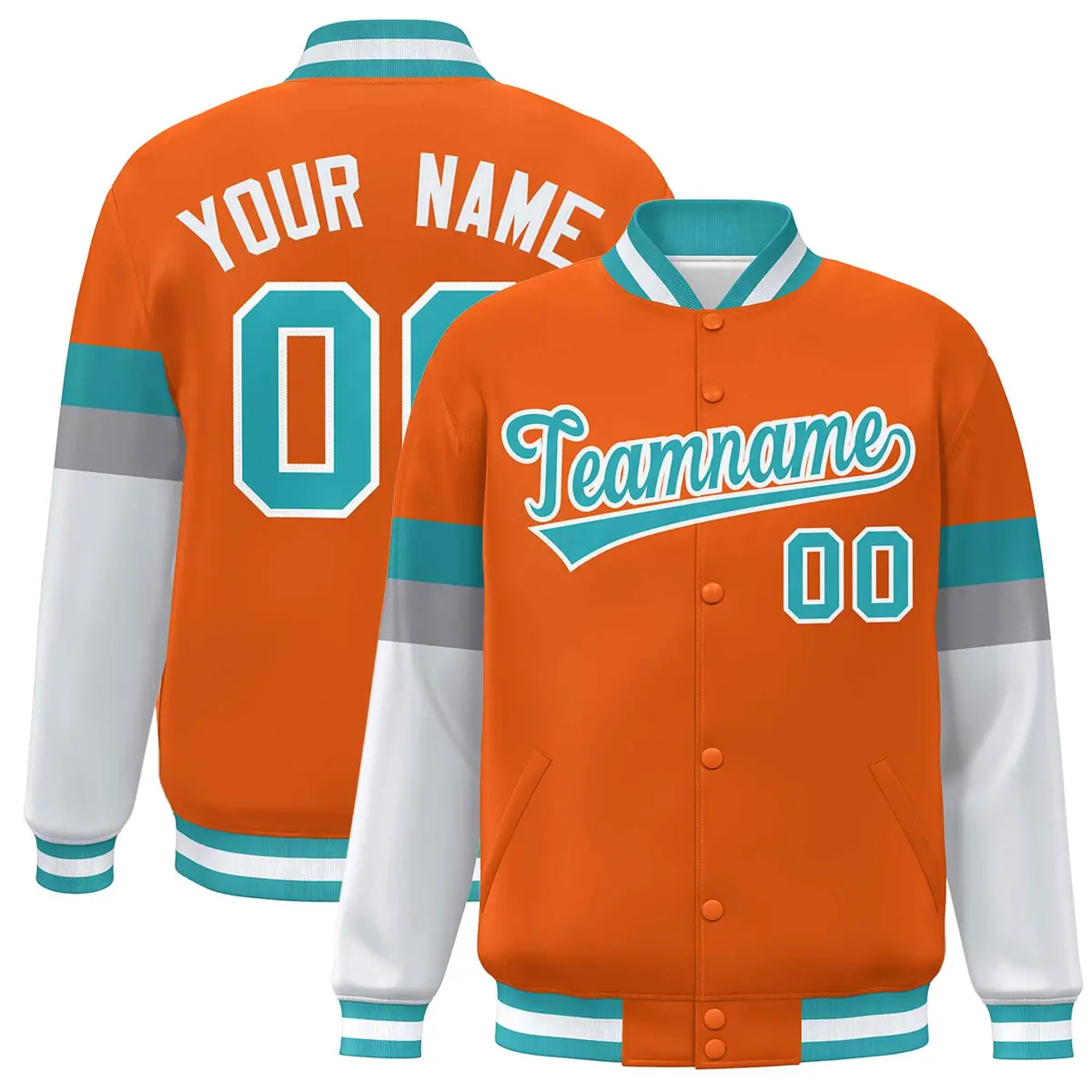 Orange Aqua-White Color Block Varsity Full-Snap Baseball Jacket