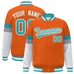Orange Aqua-White Color Block Varsity Full-Snap Baseball Jacket
