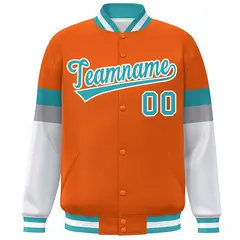 Orange Aqua-White Color Block Varsity Full-Snap Baseball Jacket 3