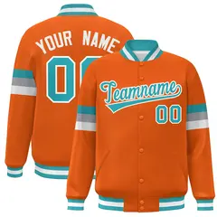 Orange Aqua-White Color Block Varsity Full-Snap Baseball Jacket 1
