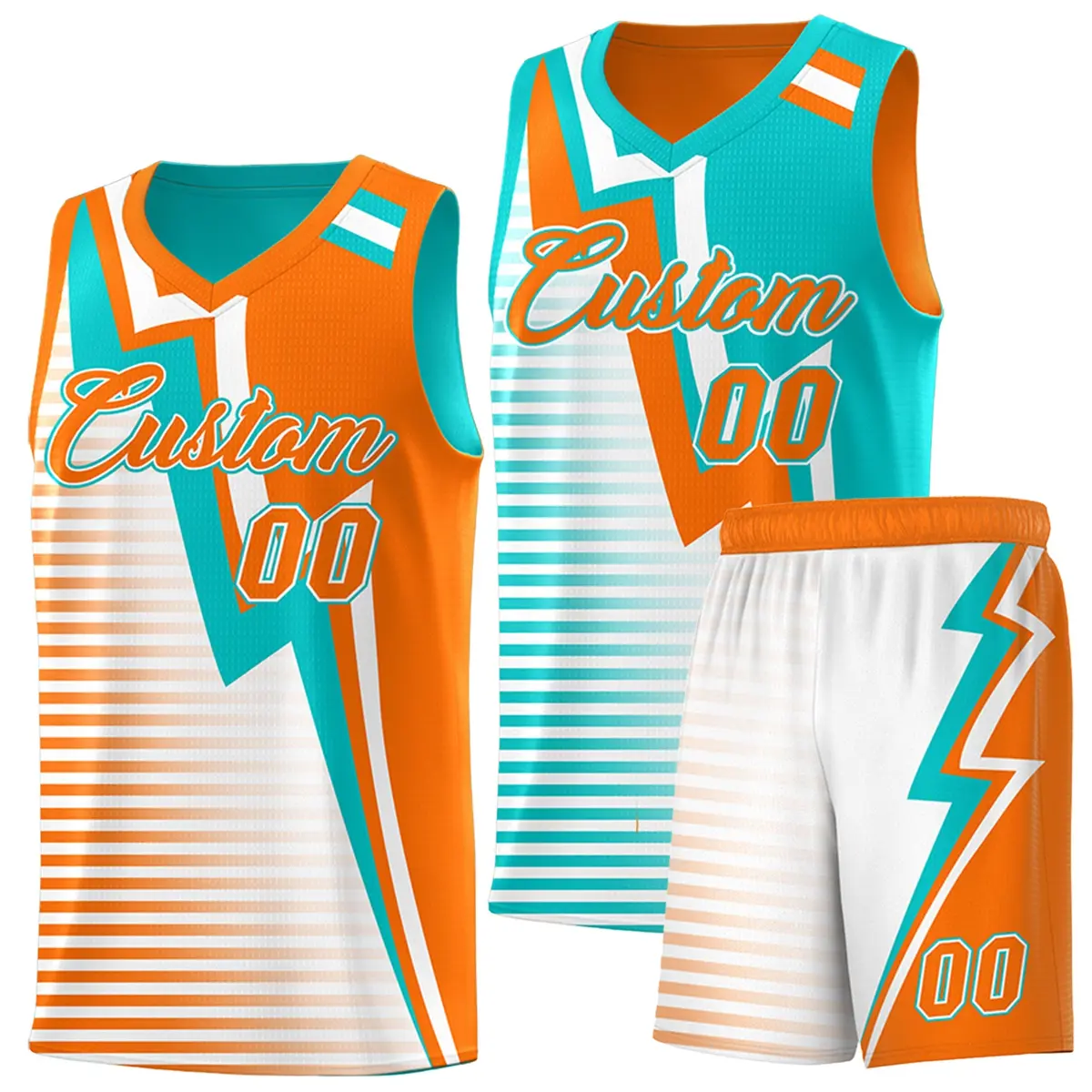 Orange Aqua White Gradient Lightning Stripe Reversible Basketball Jersey