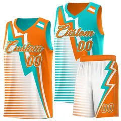 Orange Aqua White Gradient Lightning Stripe Reversible Basketball Jersey