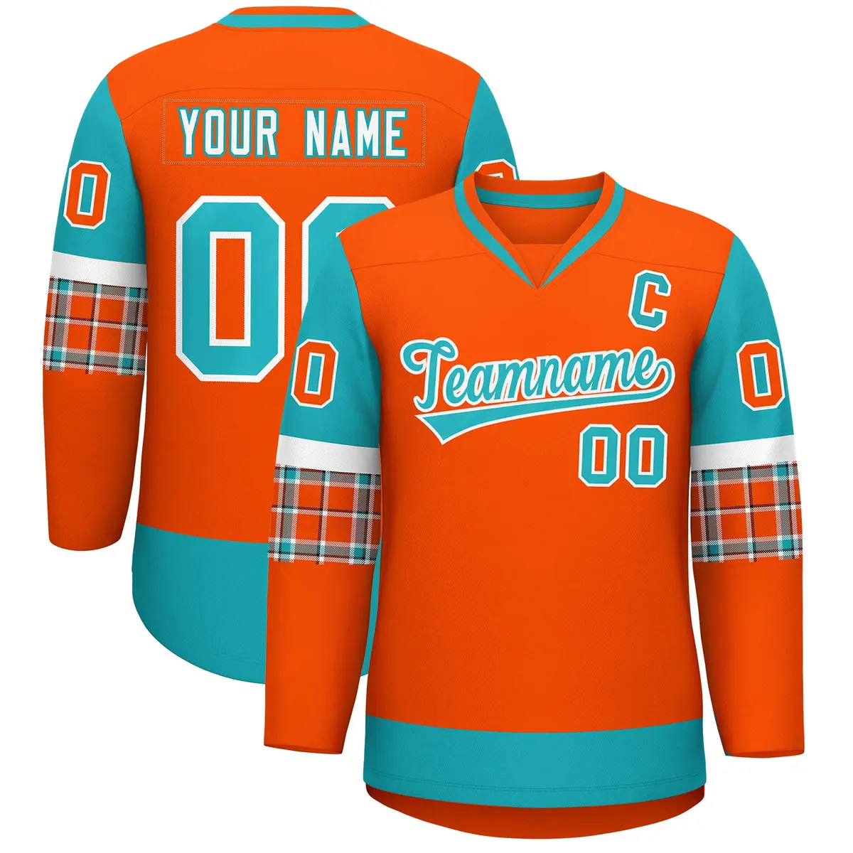 Orange Aqua-White Raglan Sleeves V-Neck Hockey Jersey