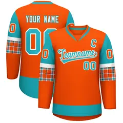 Orange Aqua-White Raglan Sleeves V-Neck Hockey Jersey