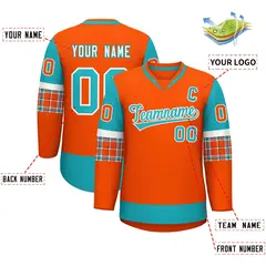 Orange Aqua-White Raglan Sleeves V-Neck Hockey Jersey 2