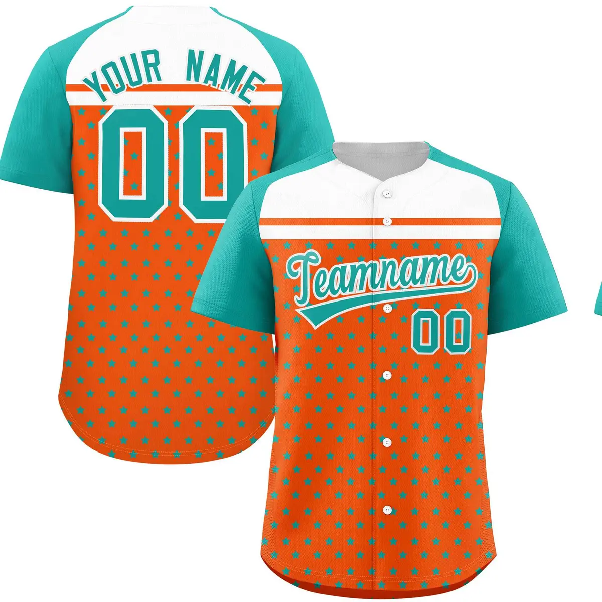 Orange Aqua White Raglan Star Print Baseball Jersey