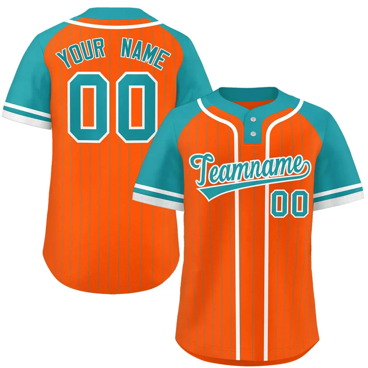 Orange Aqua-White Stripe Raglan Two-Button Softball Jersey