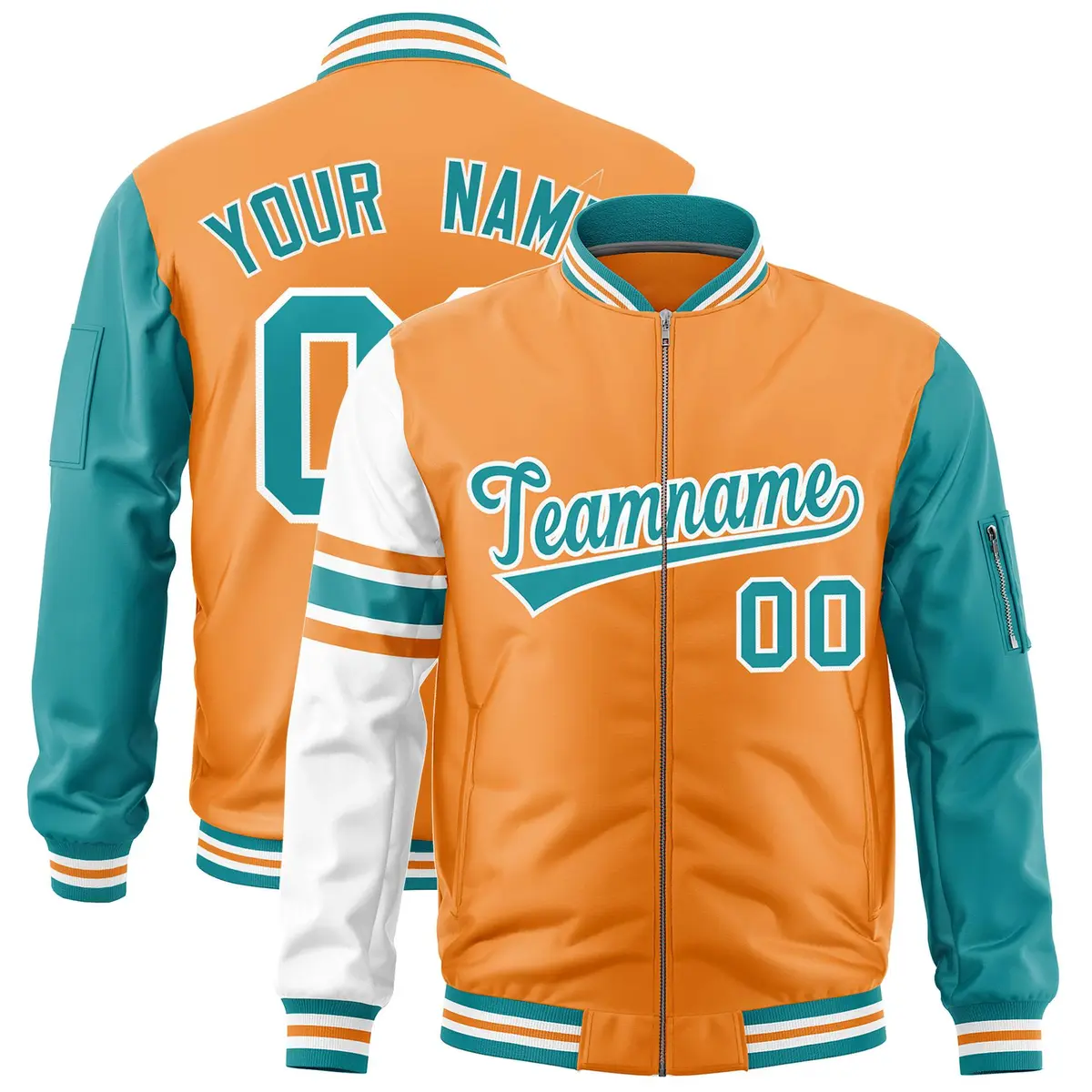 Orange Aqua-White Stripe Varsity Letterman Bomber Jacket