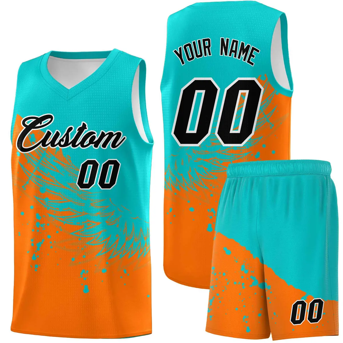 Orange Aqua Wing Pattern Basketball Jersey Sports Uniform