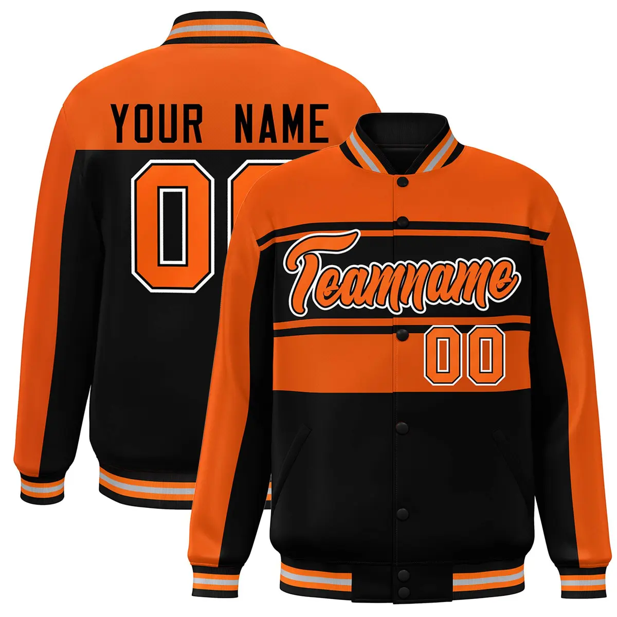 Orange Black Color Block Varsity Full-Snap Bomber Jacket