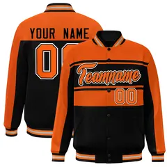 Orange Black Color Block Varsity Full-Snap Bomber Jacket 1