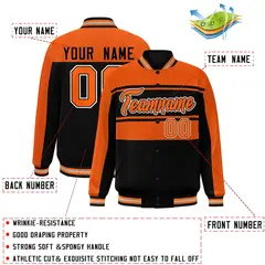 Orange Black Color Block Varsity Full-Snap Bomber Jacket 2