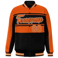 Orange Black Color Block Varsity Full-Snap Bomber Jacket 3