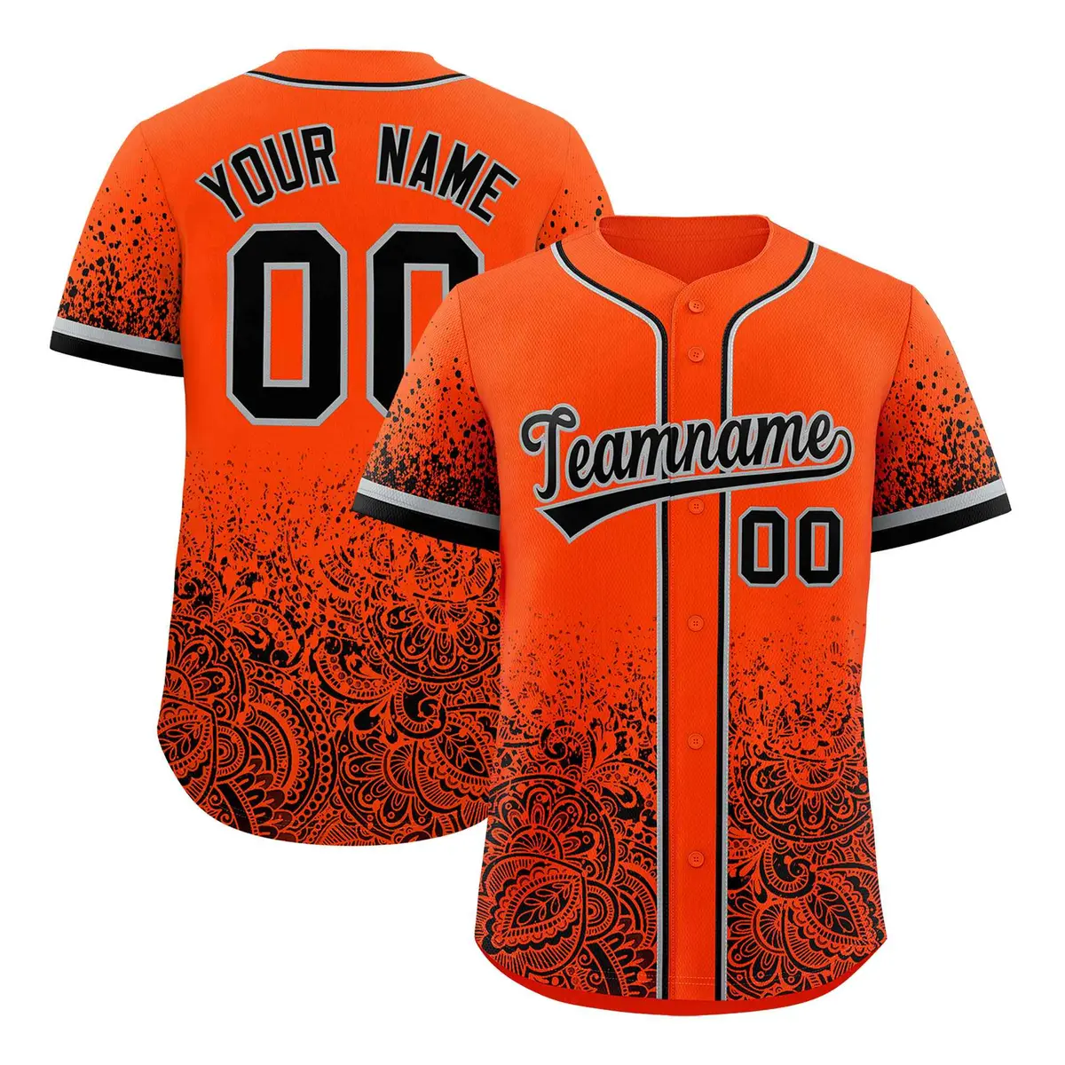 Orange Black Floral Gradient Full Button Baseball Jersey