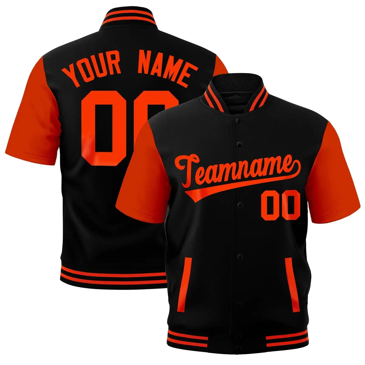 Orange Black Full-Snap Short Sleeve Varsity Jacket