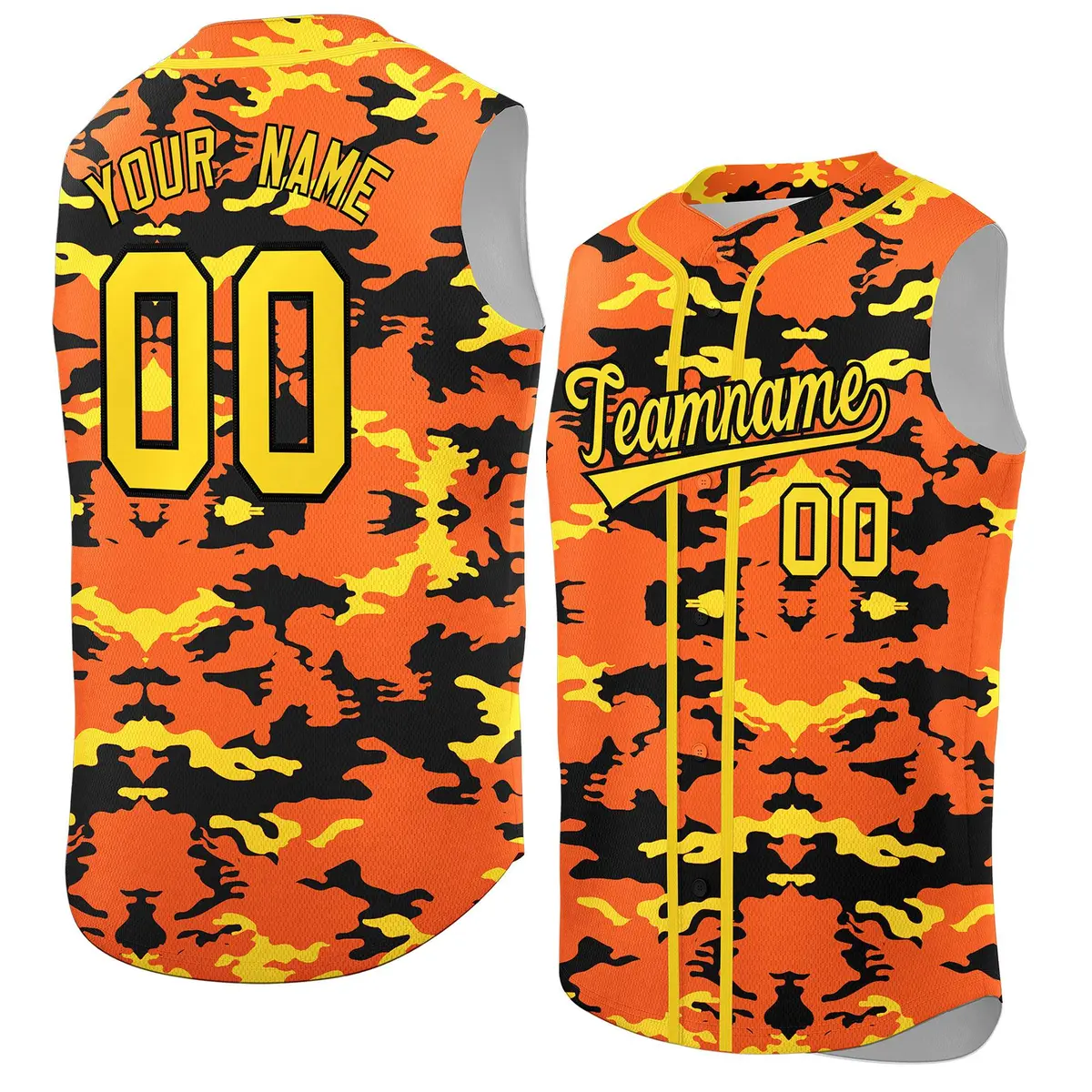 Orange Black Gold Camo Sleeveless Baseball Jersey