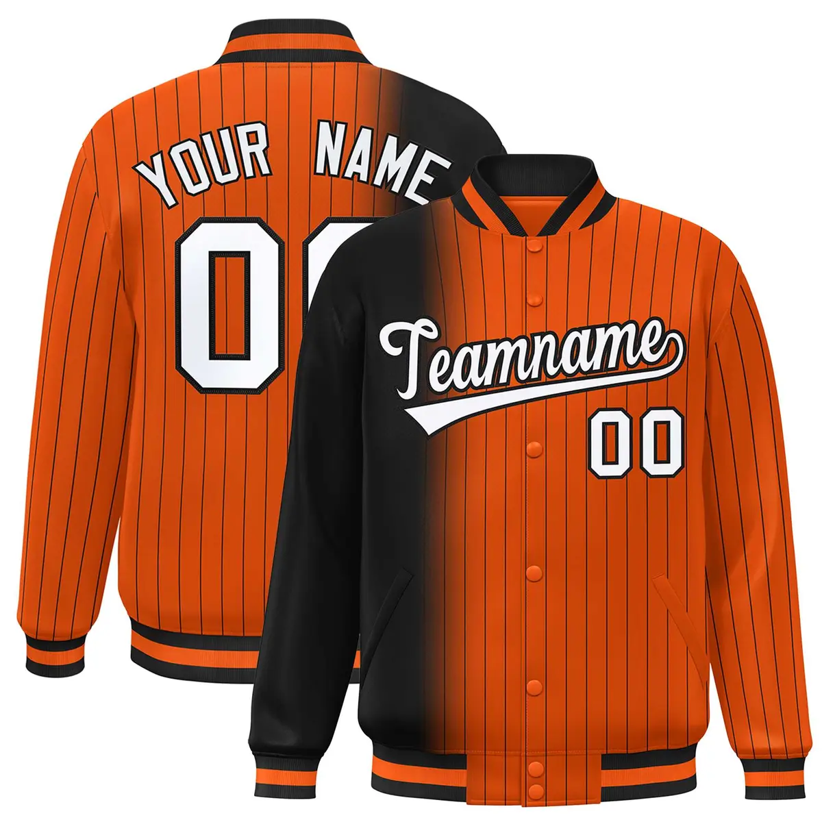 Orange Black Gradient Pinstripe Varsity Full-Snap Letterman Jacket