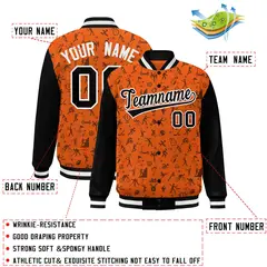Orange Black Graffiti Pattern Varsity Raglan Letterman Jacket 2