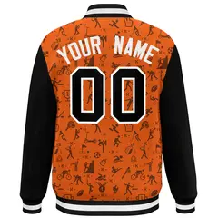 Orange Black Graffiti Pattern Varsity Raglan Letterman Jacket 4