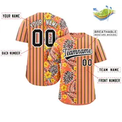 Orange Black Hawaii Tropical Flower Stripe Baseball Jersey 2