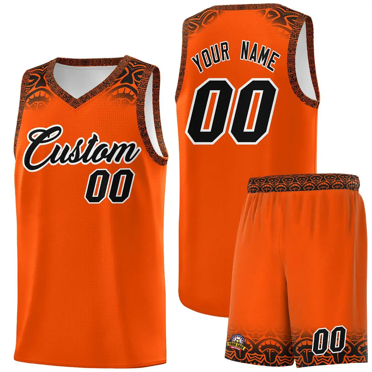 Orange Black Indians Print Sports Basketball Uniform Jersey