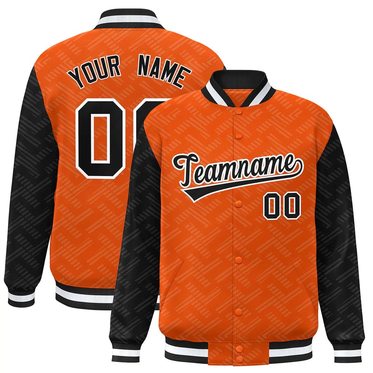 Orange Black L Pattern Raglan Full-Snap Varsity Letterman Jacket