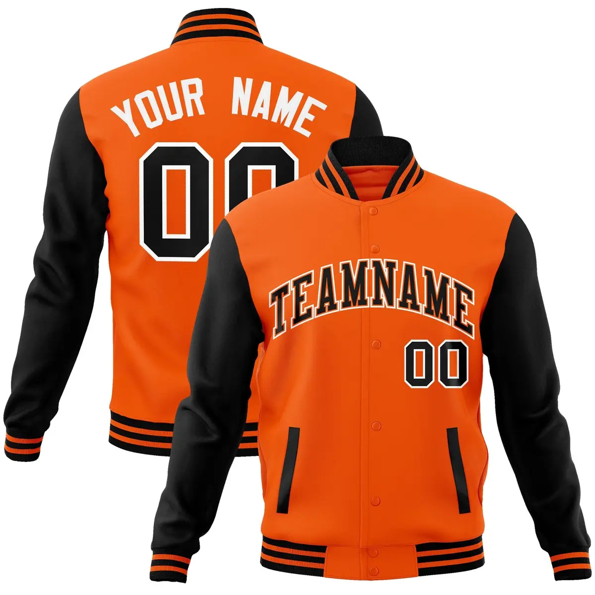 Orange Black-Orange Raglan Full-Snap Varsity Letterman Jacket